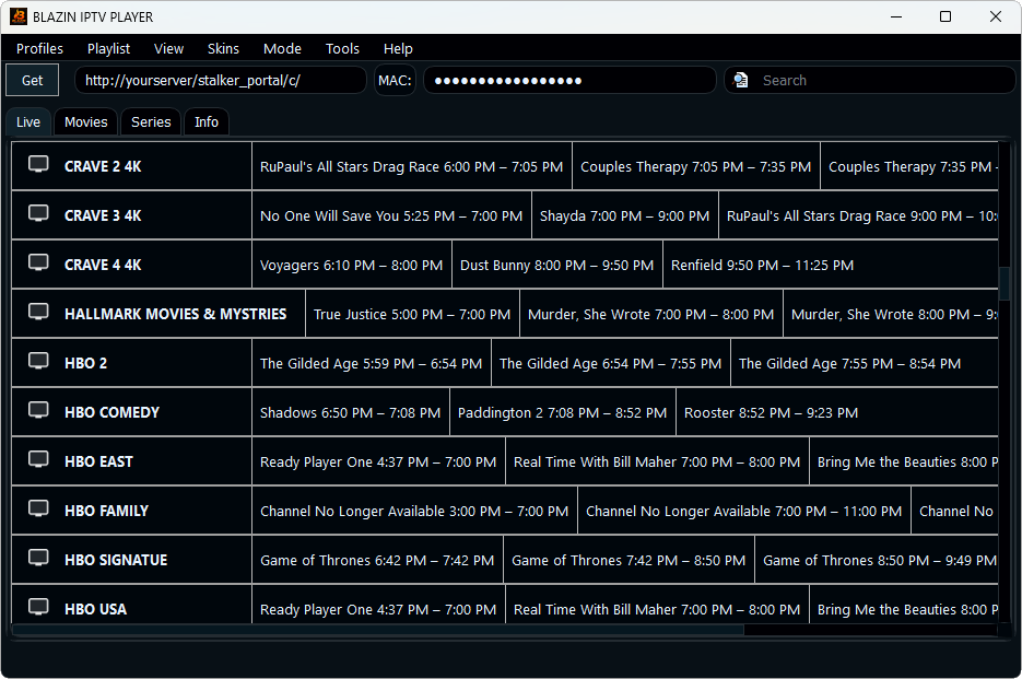 Windows IPTV player EPG electronic program guide screen