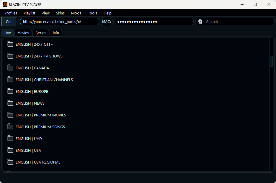Windows IPTV player live TV playlist with categories and search